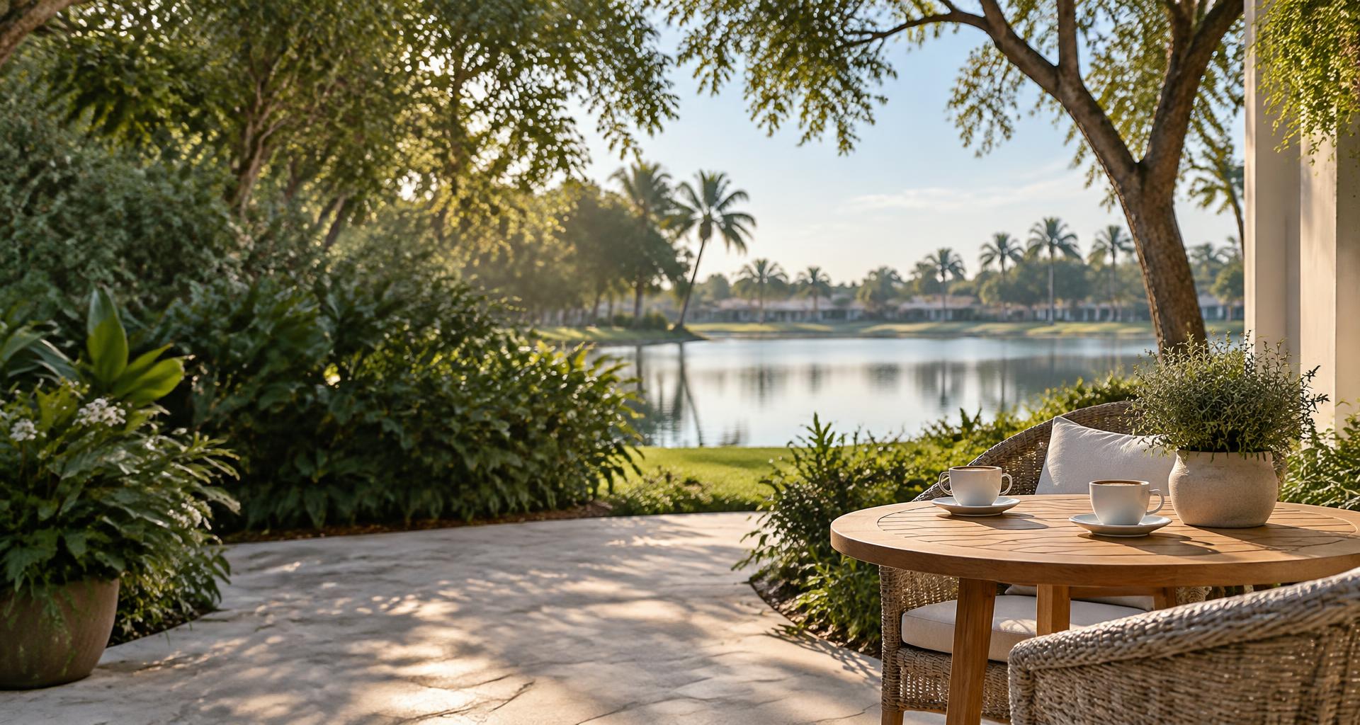 An inviting lakeside café setting with coffee for two